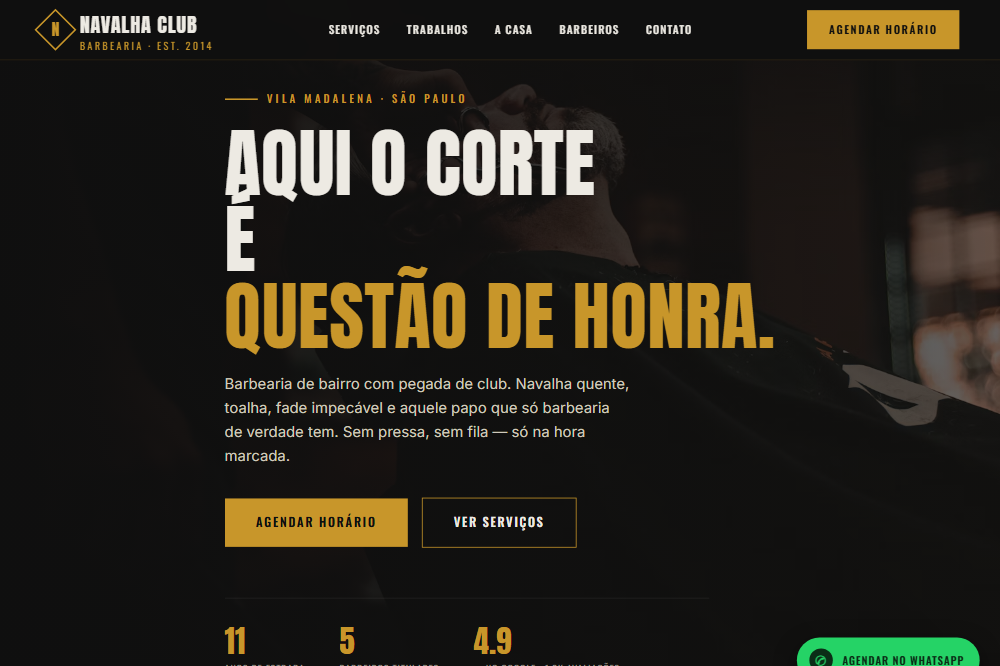 Página inicial do site demonstrativo Navalha Barbearia Club, criado pela Serviços Tech