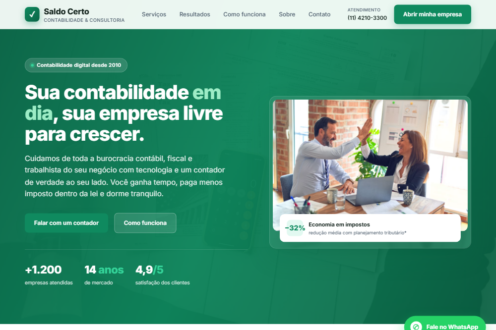 Página inicial do site demonstrativo Saldo Certo Contabilidade, criado pela Serviços Tech