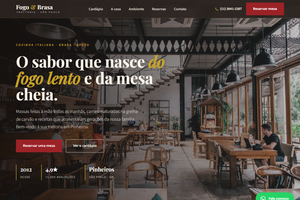 Página inicial do site demonstrativo Fogo & Brasa Trattoria, criado pela Serviços Tech
